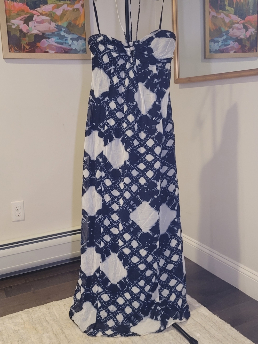 BCBGeneration Navy and White Strapless Maxi Dress